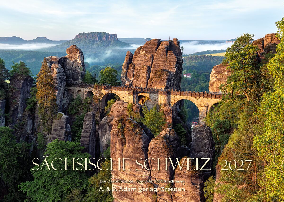 Titelblatt des Wandkalenders Sächsische Schweiz 2027 mit der Basteibrücke