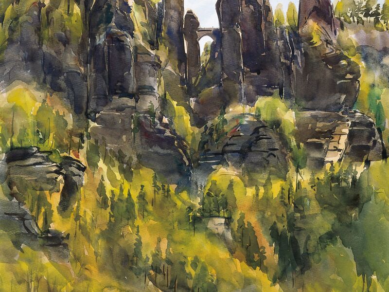 Aquarell von Irmgard Uhlig mit Felsen der Sächsischen Schweiz
