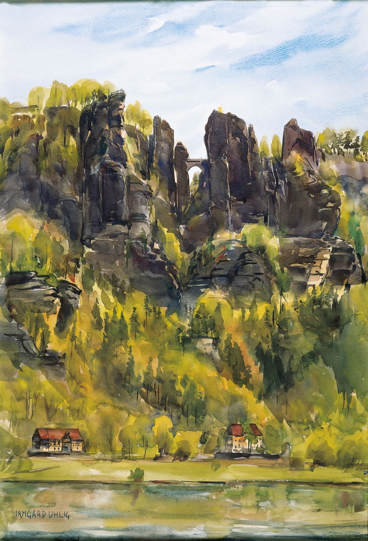 Aquarell von Irmgard Uhlig mit Felsen der Sächsischen Schweiz
